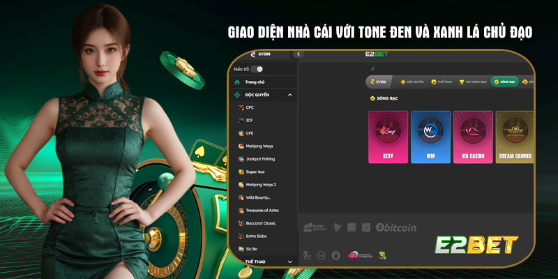 Giao diện nhà cái sang trọng với tone đen và xanh lá chủ đạo